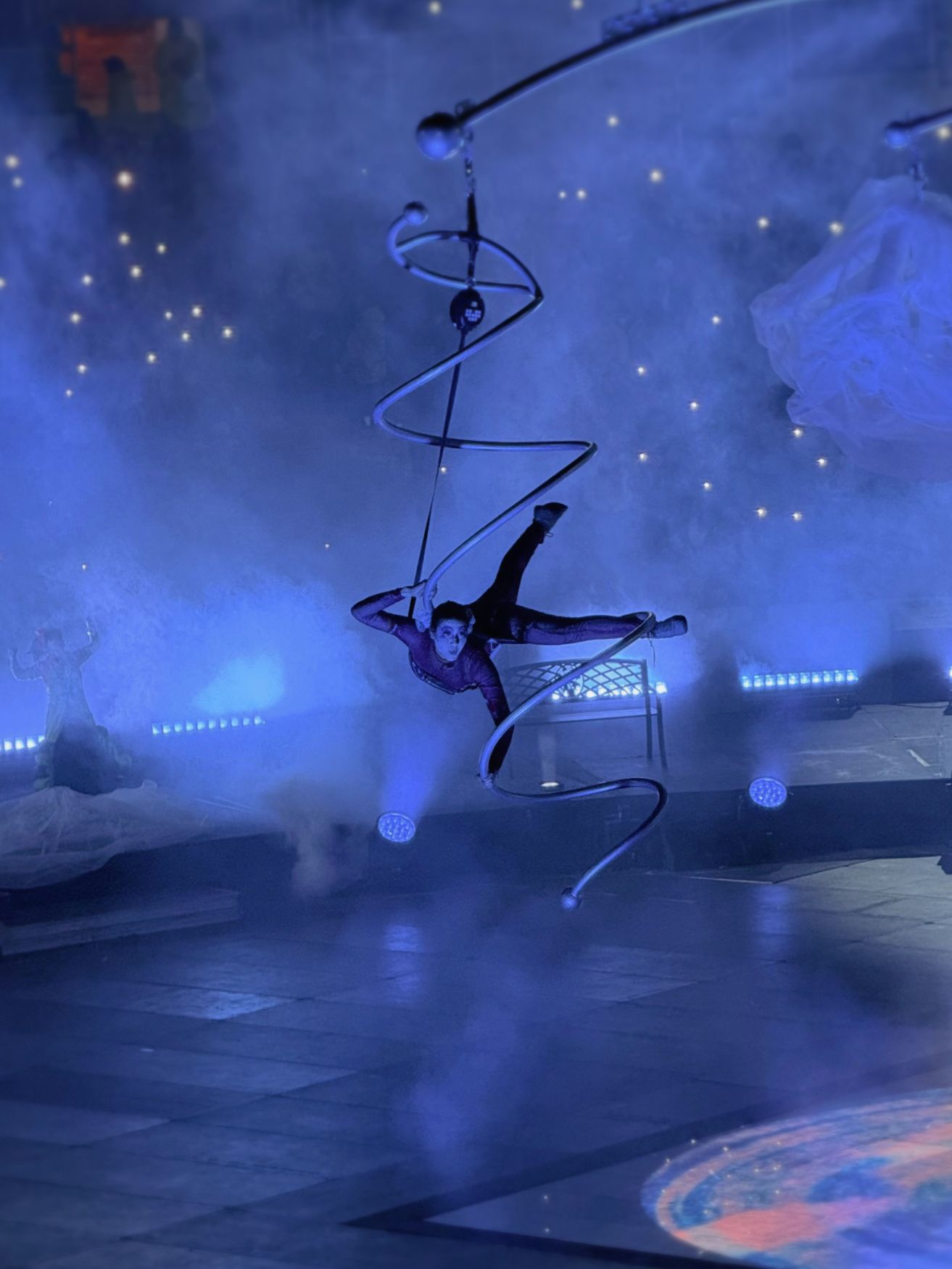 Picture taken from audience of female spiral aerial hoop looking to audience while performing onstage | Altus Entertainment